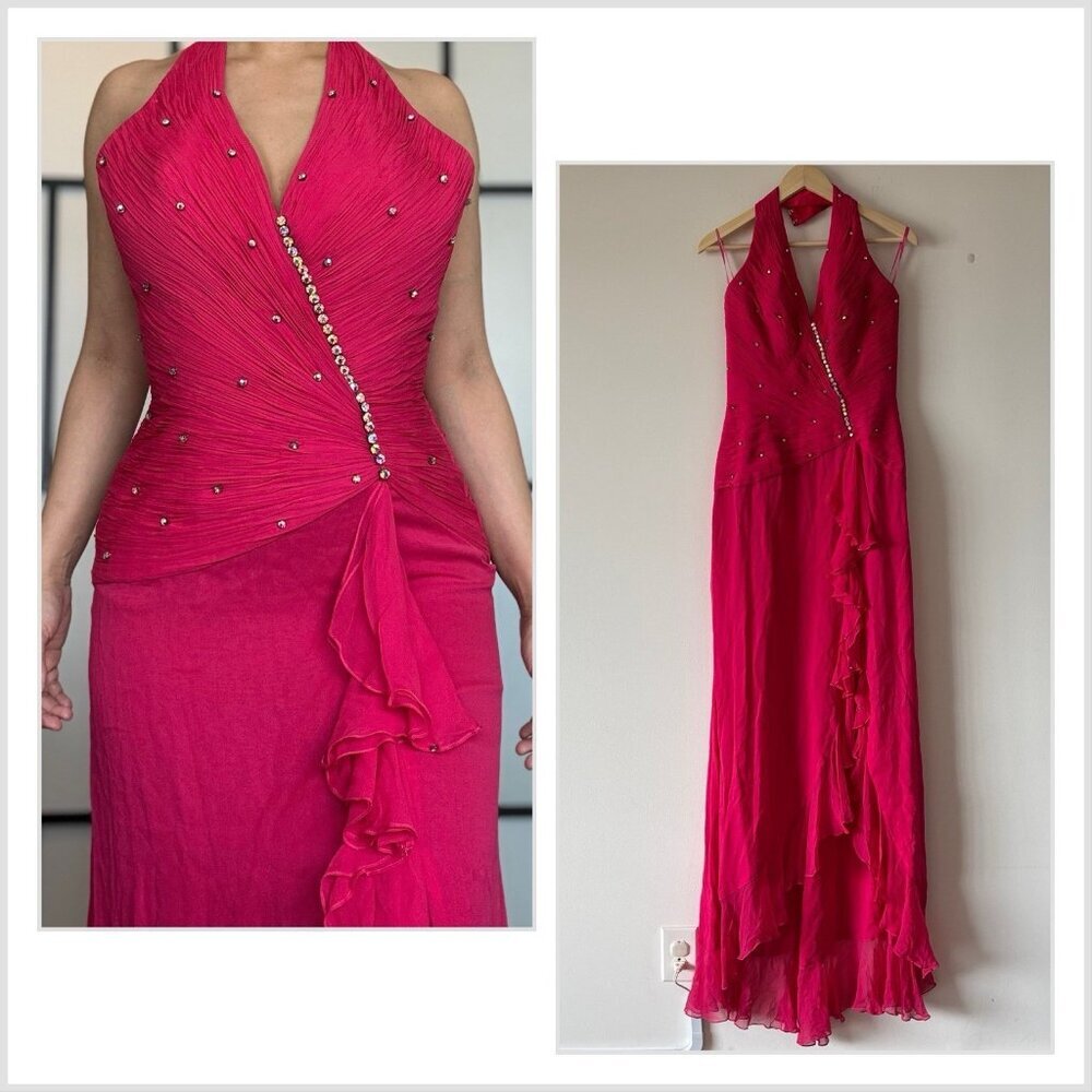 VTG Jovani Mermaid‎ Silk Beaded Maxi Dress Asymmetrical Fairy Y2K